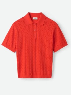 Soft Goat Pointelle Pique Polo In Tomato/Red Cotton Cashmere